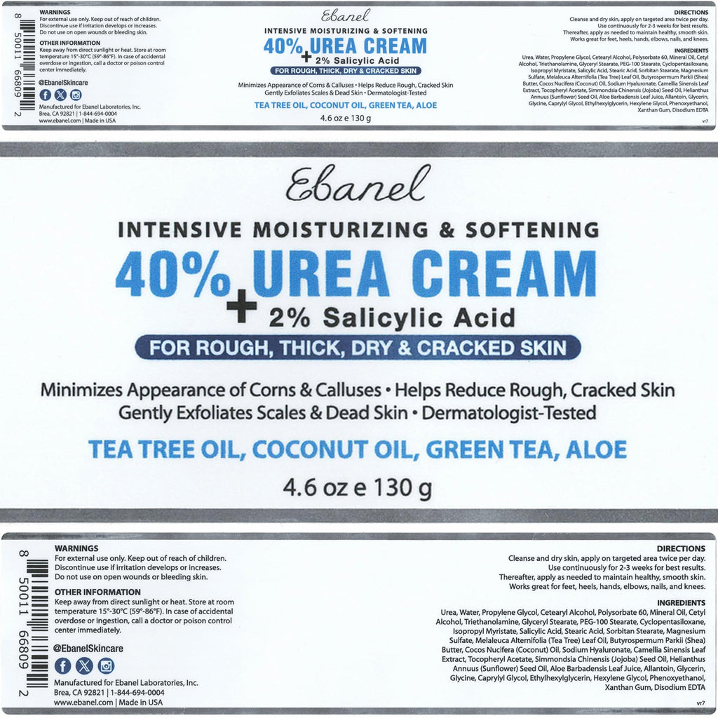 Ebanel Urea Cream 40% plus Salicylic Acid 2%, Foot Cream for Dry Cracked Heels Feet Knees Elbows Hands, Foot Dead Skin Cuticle Callus Remover Toenail Softener, Keratolytic Skin Barrier Repair, 6-Pack