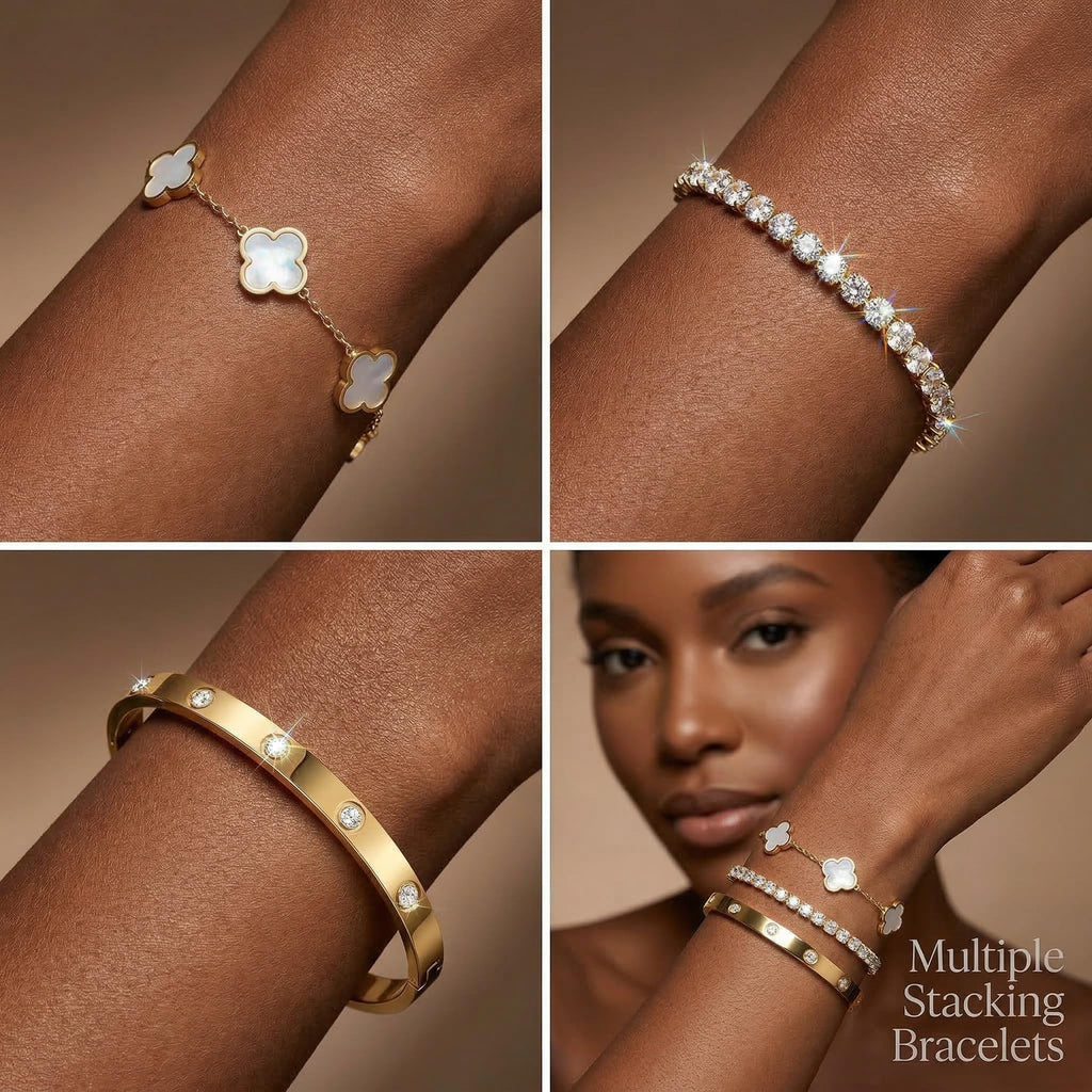 PDWZNBA 18K Gold-Plated Bracelet Set – Floral Clover, Tennis, Twist Cuff, Classic Gold-plated Bangle Stainless Steel, Non Tarnish, Stackable Bracelet Gift for Women