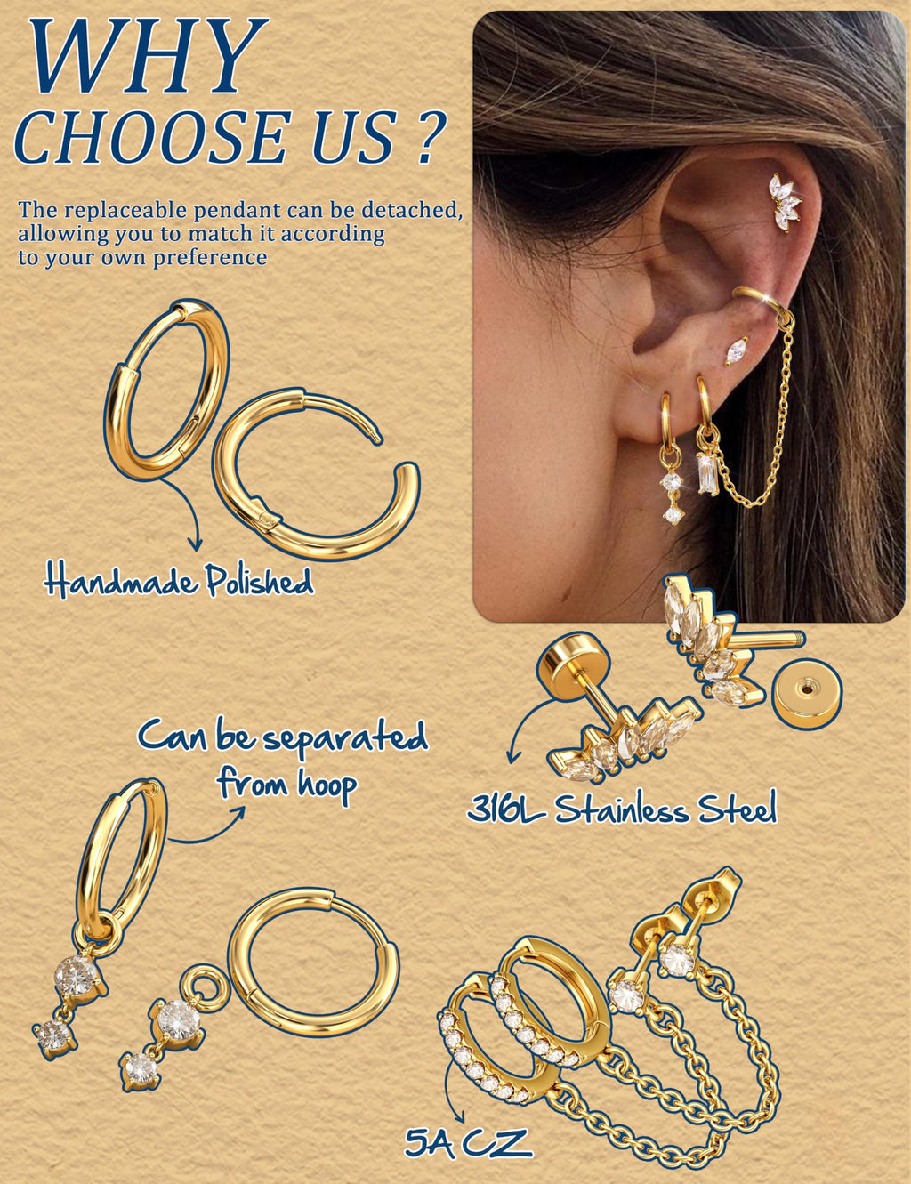 10 Pairs Gold Earring Stacks - Hypoallergenic Flat Back Stud & Hoop Set