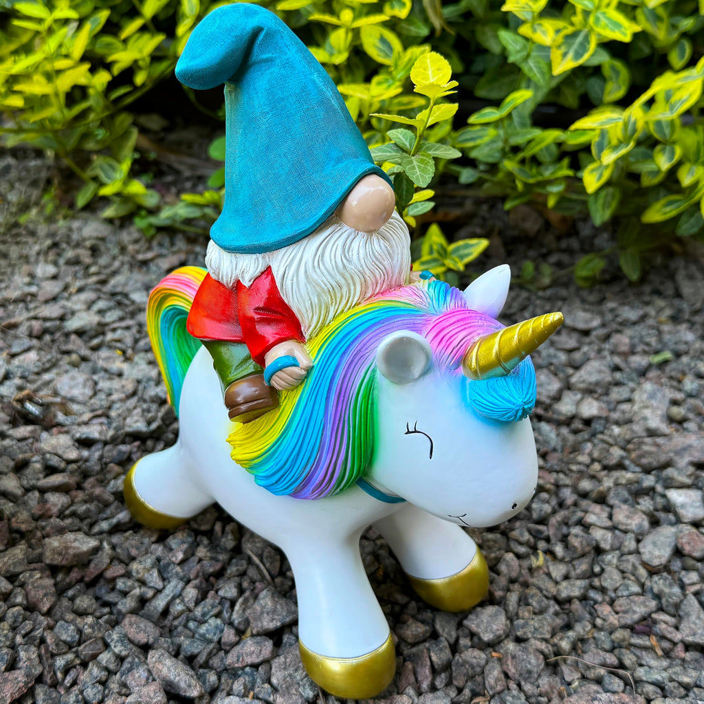 Mood Lab Garden Gnome Statue - Garden Gnome Riding Unicorn - 8.3 Inch Tall Lawn Figurine - for Outdoor or House Decor - Funny Yard & Patio Decoration