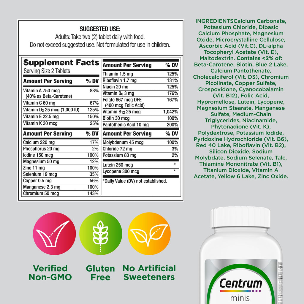 Centrum Minis Silver Multivitamin for Adults 50 Plus, Multimineral Supplement, Vitamin D3, B-Vitamins, Gluten Free, Non-GMO Ingredients, Supports Memory and Cognition in Older Adults - 320 Ct