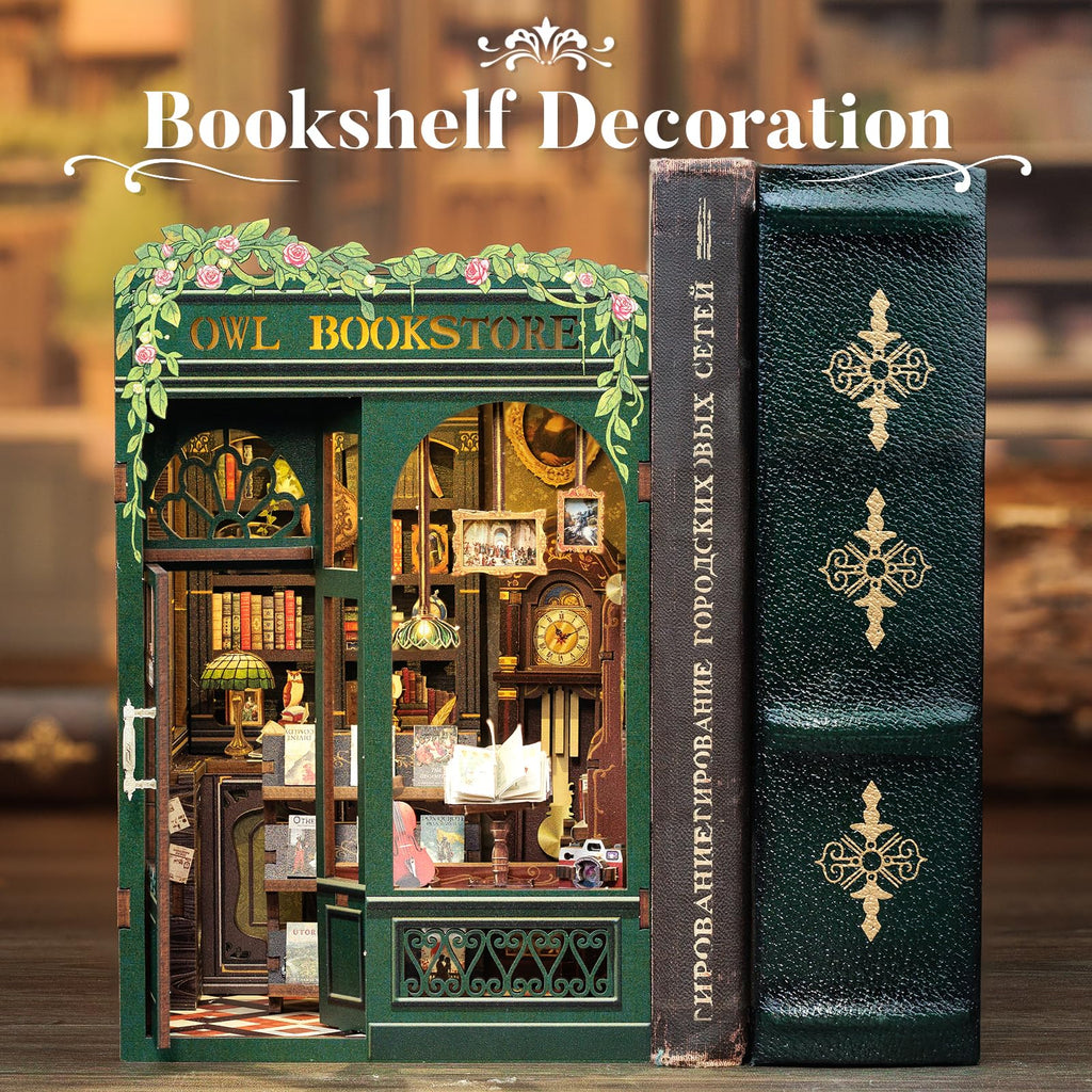 CUTEBEE Book Nook Kit - DIY Miniature House Kit for Adults, Teens and Beginners, Dollhouse Booknook Library Tiny House Bookshelf Decor 3D Wooden Puzzle, Gifts for Family, Friends (Owl Bookstore)