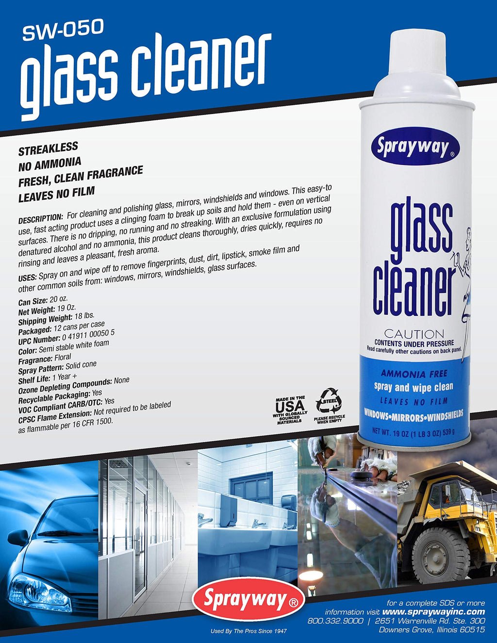 Sprayway Glass Cleaner with Foaming Spray for a Streak-Free Shine for Home and Automotive Use, 19 oz., Pack of 6