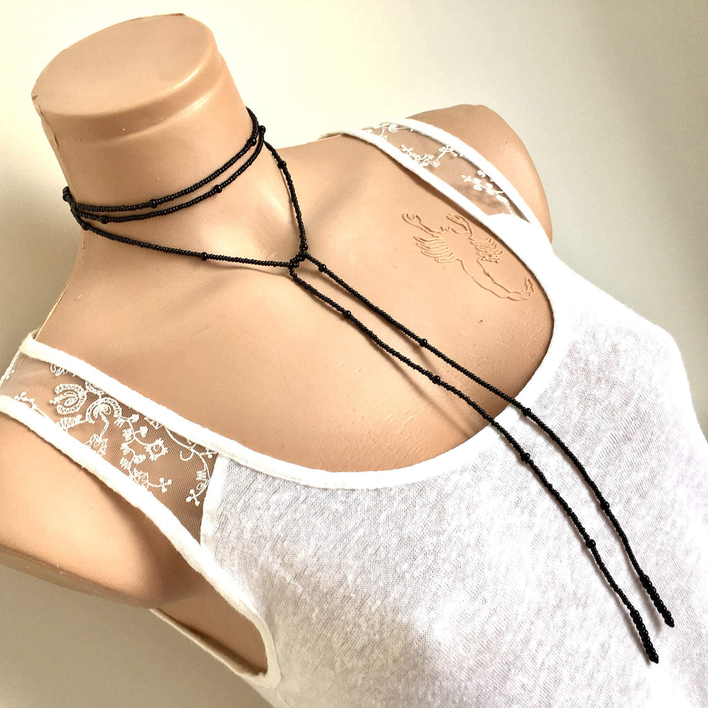 Wrapped Necklace, Black Seed Bead Jewelry, Long Layered Necklace, Tie chokier, Boho Wrapped Choker, Lariat Necklace, Christmas Gift Women