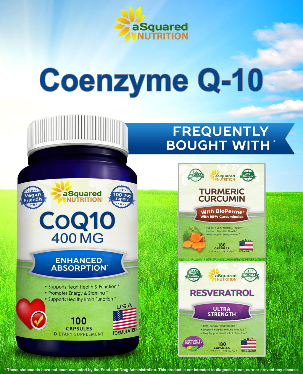 aSquared Nutrition CoQ10 (400mg Max Strength, 100 Veggie Capsules) - High Absorption Coenzyme Q10 Powder - Ubiquinone Supplement Pills, Extra Antioxidant CO Q-10 Enzyme Vitamin Tablets, Coq 10 400 mg