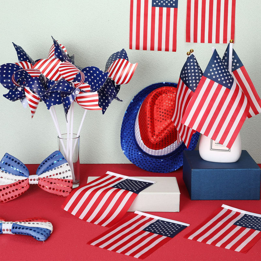 120 Pcs 4th of July Decorations Include 60 Patriotic Pinwheels 60 Small American Flags on Stick, Red White and Blue Pinwheel Windmill for Memorial Day Independence Day Parade Yard Decor Garden Outdoor