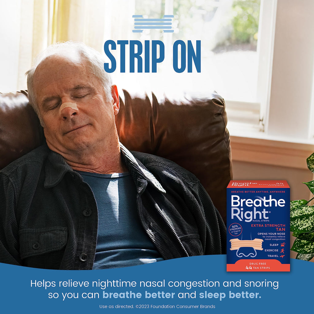 Breathe Right Nasal Strips, Extra Strength Tan Nose Strips, Drug-Free Nasal Congestion Relief for Better Breathing, Help Relieve Snoring, Caused by Colds & Allergies, Deviated Septum, 44ct