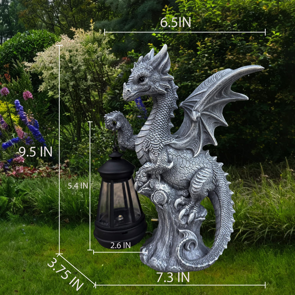 JORAE Dragon Statue with Solar Lantern Outdoor Figurine Home Decor 9.5" H