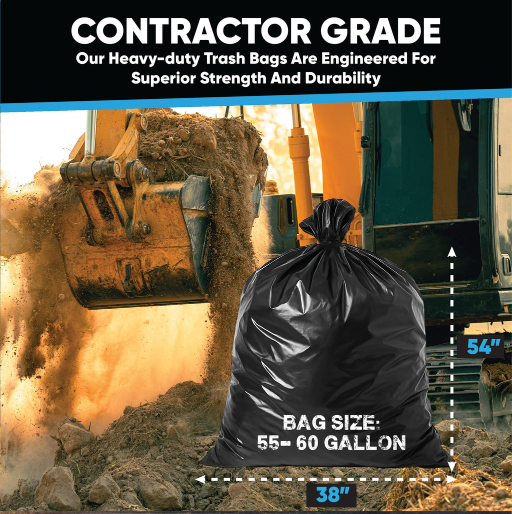 Contractor Garbage Bags 55 Gallon Heavy Duty | 50 Count | Construction Bags Heavy Duty with Ties | 55-60 Gallon Trash Bag for Contractors