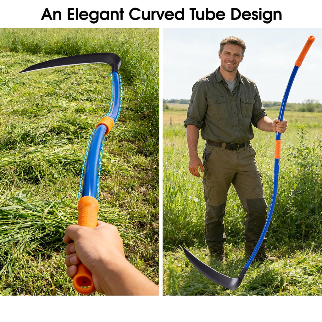 20'' Scythe Tool for Grass Cutting, Unique Curved Stainless Steel Pole, Adjustable Dual-hand Grip, Professional-Grade Blade, for Clearing Bushes, Vines, Fields, Ditches, Paths, Landscaping, 61in.