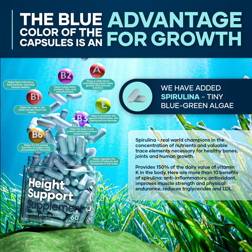 Height & Bone Support Supplement - Premium Height Growth Supplement for Kids & Teens with Calcium - Nutritional Support Bone Health Formula - Height Increase Essential Vitamins - 60 Caps