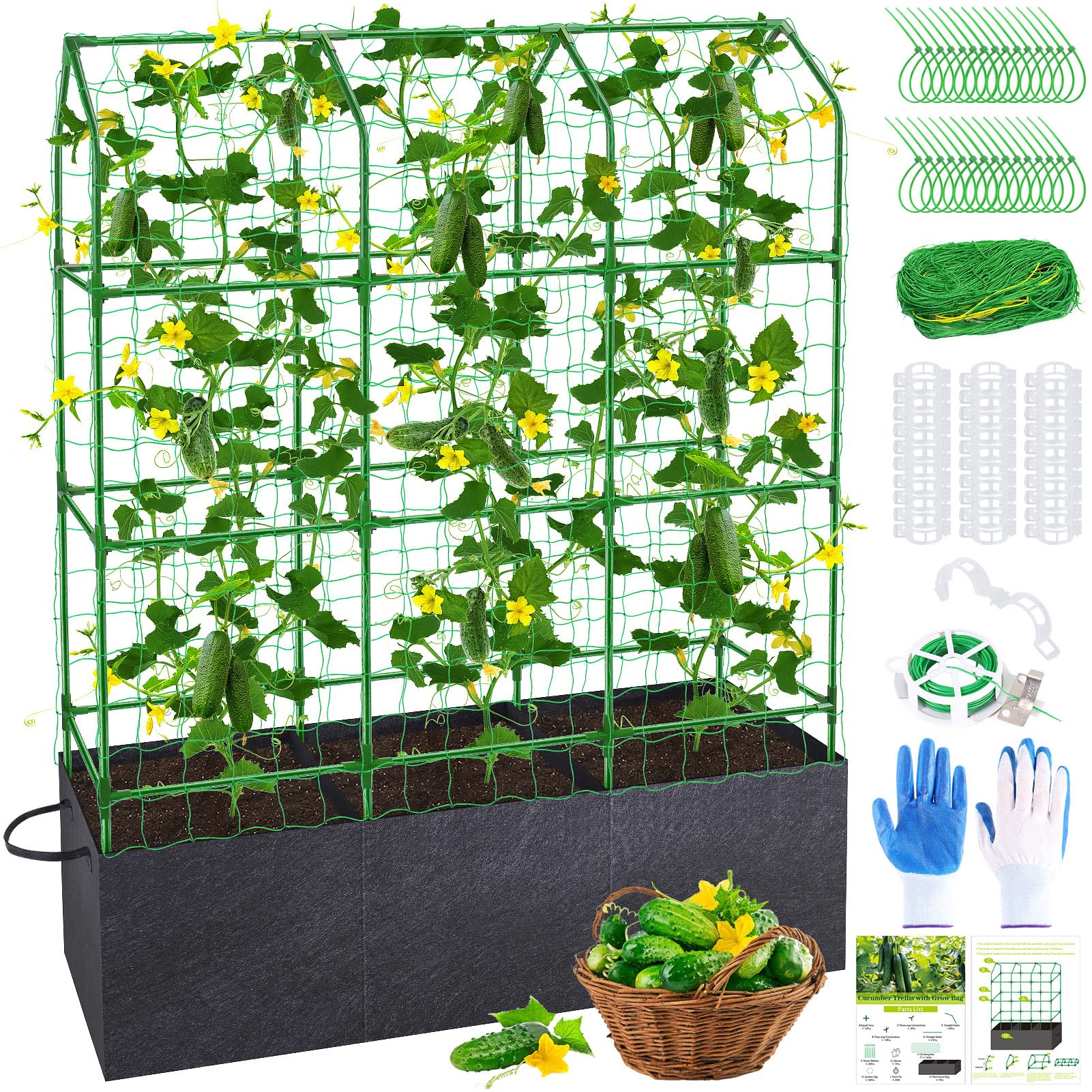 66x65x18 Inch Cucumber Trellis for Raised Bed - with 61 Gallon Grow Bags, Garden Trellis for Climbing Plants Outdoor with Climbing Net and Plant Support for Cucumber, Tomato, Vegetable, Grape, Vine