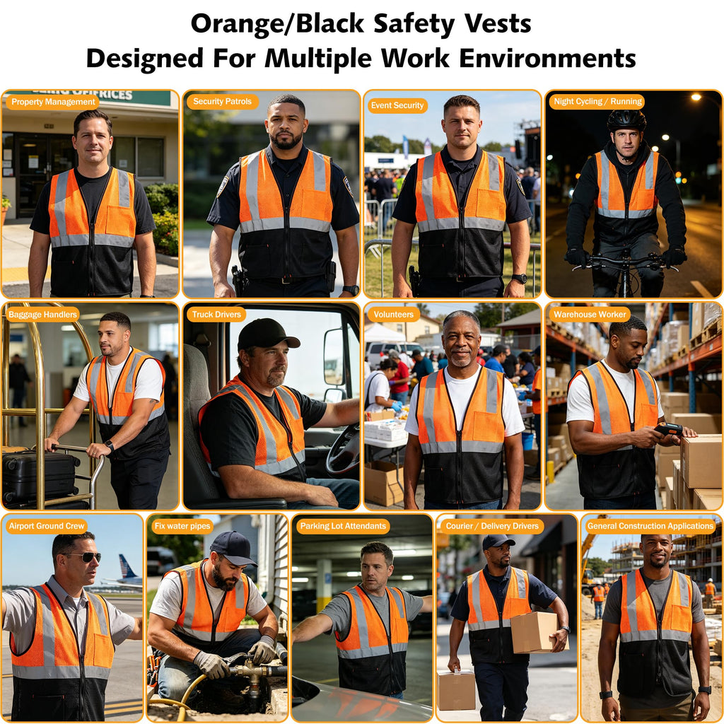 AYKRM 2 Pockets Orange black custom Mesh High Visibility Reflective Safety Vest for men & Women ANSI/ISEA 107 Standards