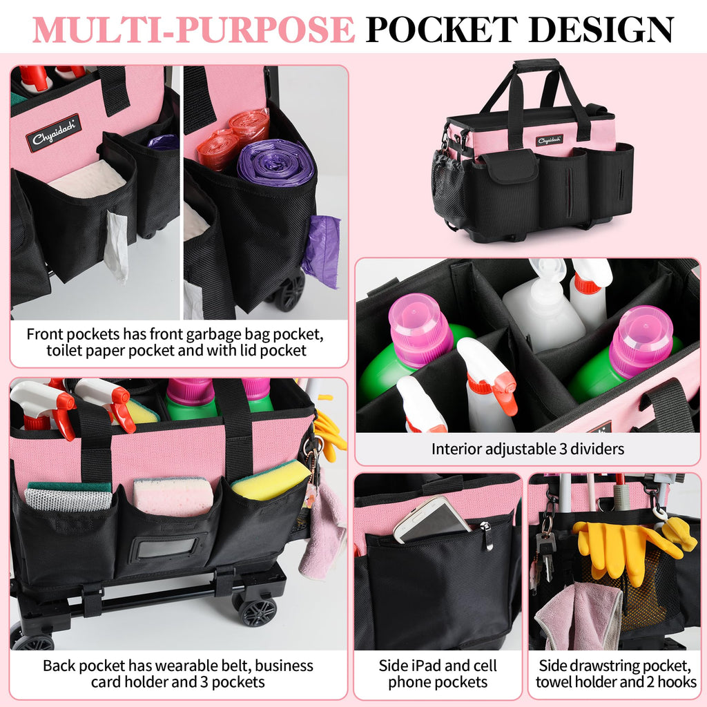 Chyaidach Rolling Cleaning Caddy, Cleaning Supplies Organizer with Trolley, Wearable Cleaning Tote Bag on Wheels with Hard Bottom, Cleaning Carts for Housekeepers/Home/Car/Office/Picnic (Pink)