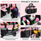 Chyaidach Rolling Cleaning Caddy, Cleaning Supplies Organizer with Trolley, Wearable Cleaning Tote Bag on Wheels with Hard Bottom, Cleaning Carts for Housekeepers/Home/Car/Office/Picnic (Pink)