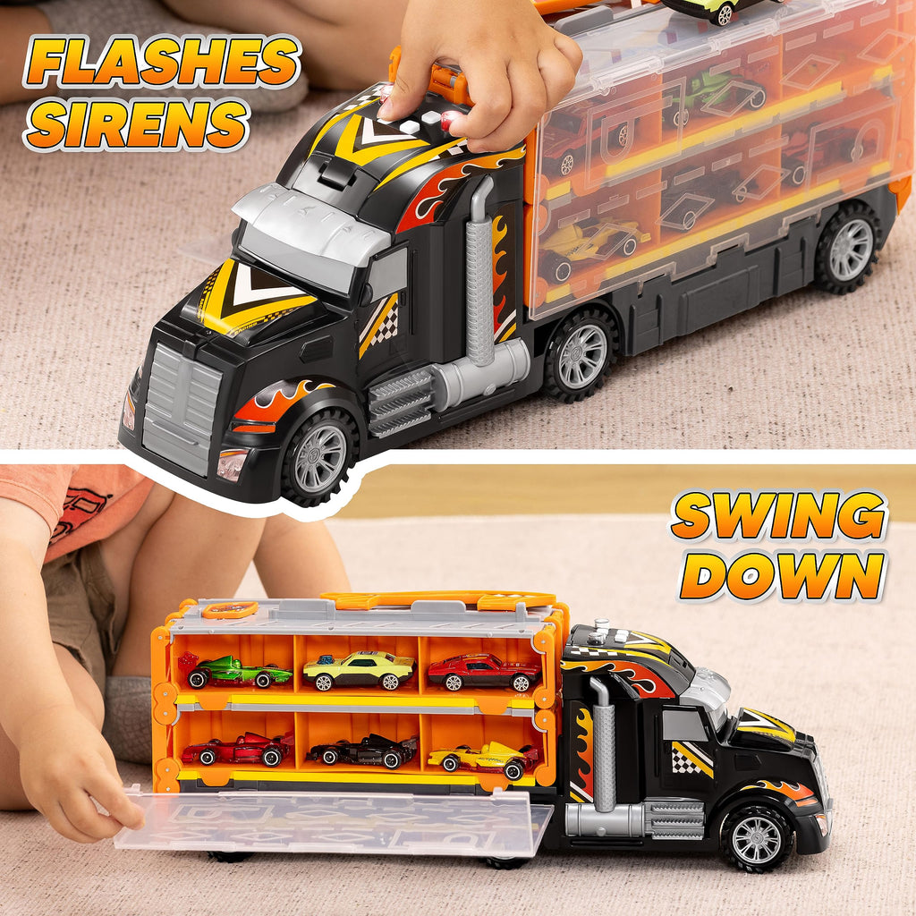 JOYIN Toy Truck for Kids, Race Toy Cars, 60" Extra Long Race Track and 12 Die-Cast Metal Cars, Toddler Carrier Truck with Lights & Sounds, Christmas Birthday Gifts for 2 3 4 5 6 7 Years Old Grandkids