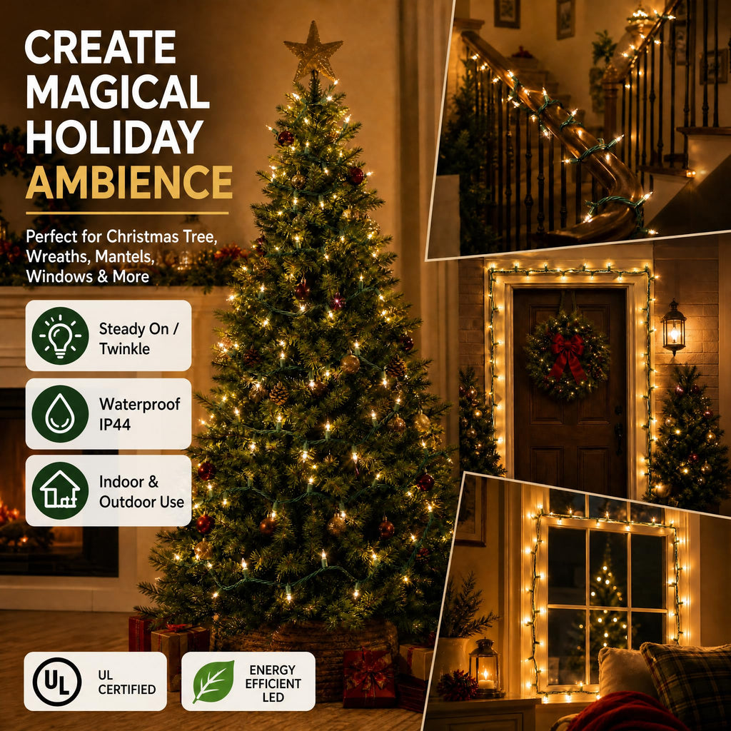 Warm White Christmas Lights, 2 Pack Total 40FT 200 Count Incandescent Christmas Mini Tree String Lights, Waterproof Christmas Decorations for Outdoor Indoor Xmas Patio Home Party Garden Yard Decor