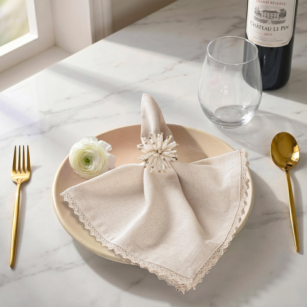 FINGERCRAFT Lace Cloth Napkins, Cotton Linen, 12 Pack, 20x20 Inch, Ivory