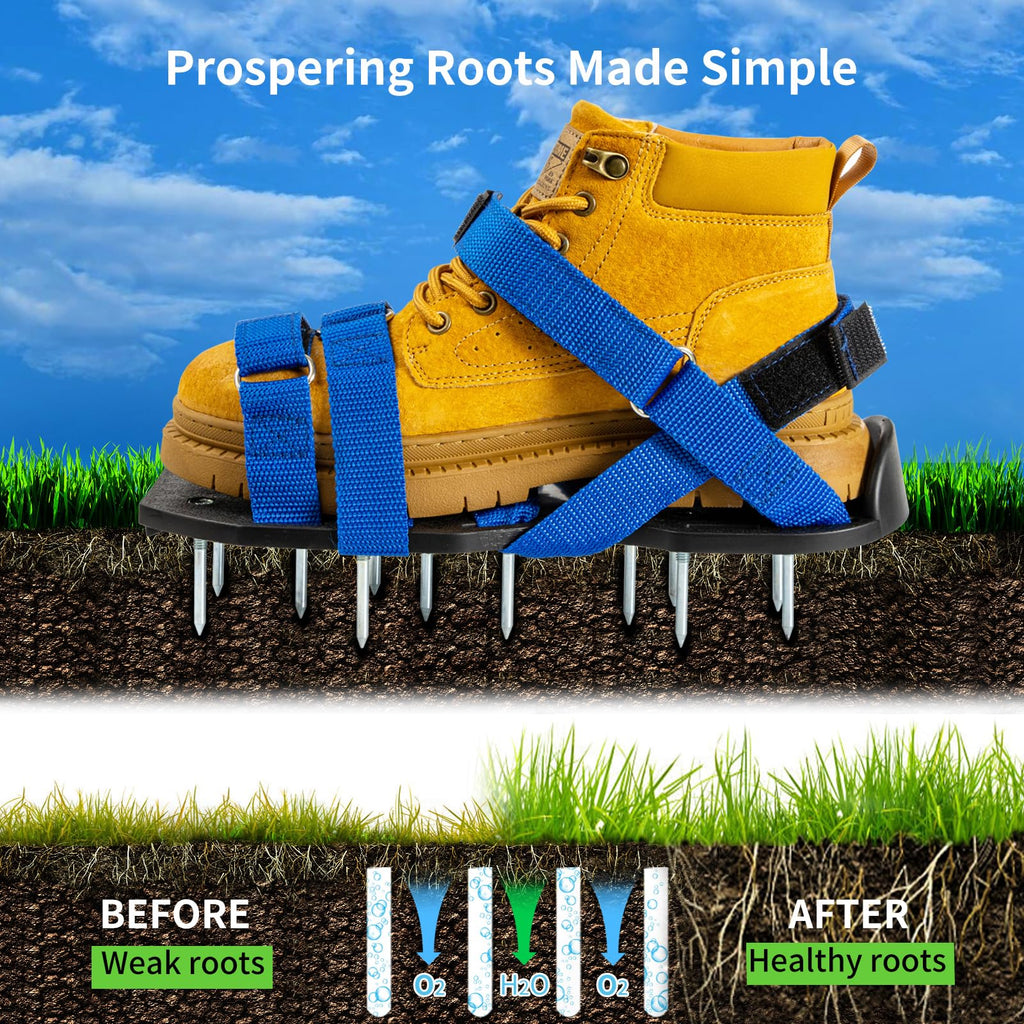 Bakulala Lawn Aerator Shoes Pre-Assembled, Heavy Duty Lawn Spike Shoes with Adjustable Straps, Soil Aerating Tool for Yard Patio Garden with Cleaning Shovel Blue