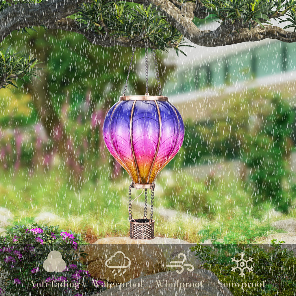 TERESA'S COLLECTIONS 2 Pack Hanging Solar Lantern Outdoor Garden Decor for Valentine,Waterproof Plastic Hot Air Balloon Purple Flickering Flame Effect Lantern for Yard Tree Gift for Mom,18"
