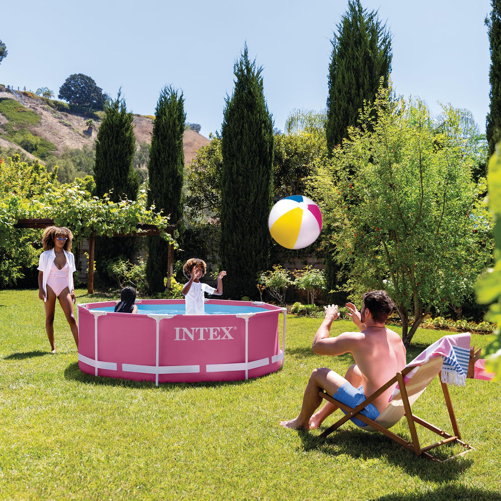 Intex 28290EH 8 Feet by 30 Inches Easy to Assemble Large Round Metal Frame Above Ground Swimming Pool with Dual Suction Outlet Fittings, Pink