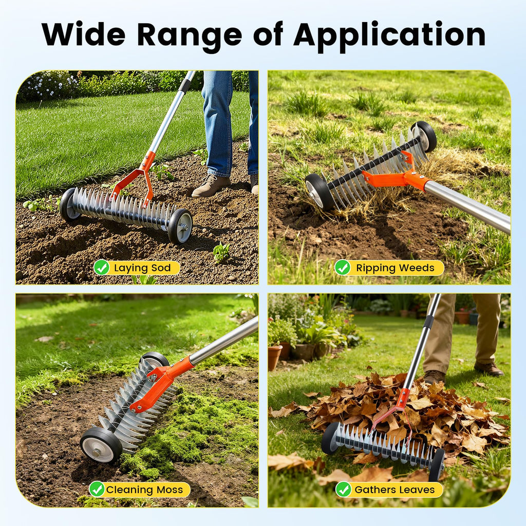 Thatch Rake with Wheels, 37-65.35'' Adjustable Dethatching Roller Rake Adjustable 0-12° Angle Stainless Steel Blades Heavy Duty Manual Dethatcher , Lawn Thatcher Rakes for Moss, Grass, Leaves, Debris