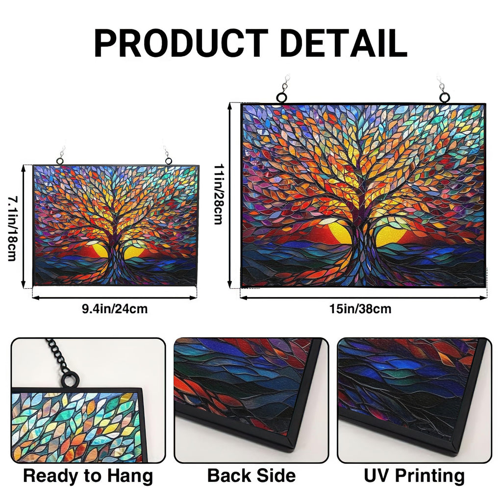HYPESTYLE Rectangle Tree of Life Stained Glass Window Hanging Window Suncatcher Glass Panel with Metal Chain Sun Catchers Wall Art Home Decor Gift for Women Mother's Day