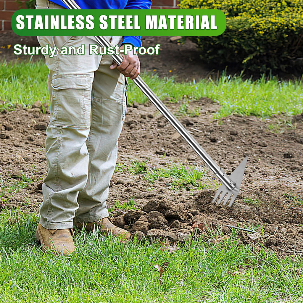 BARAYSTUS Hoe Garden Tool, 2-in-1 Garden Hoe & Weed Rake, 29.5"-57.7" Adjustable Long Handle, Stainless Steel Cultivator for Weeding, Digging, Loosening Soil, Planting & Root Removal