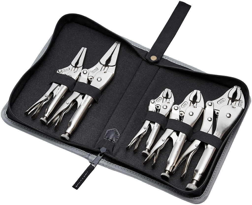 Amazon Basics 5-Piece CR-V Locking Pliers Set with Wire Cutters, 2 Straight Jaw, 3 Curved Jaw, 6.5-10 inch, Silver, Carrying Case