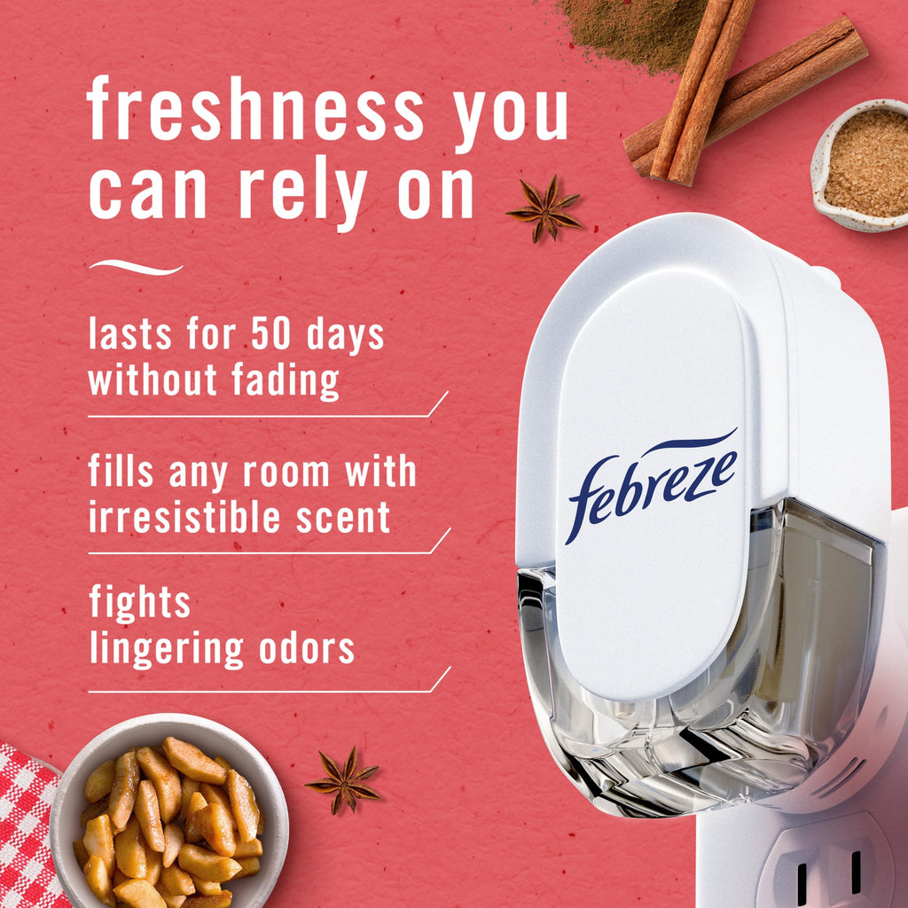 Febreze Plug-In Air Freshener, Odor-Fighting Scented Oil Refill for Home, Bathroom & Kitchen, Holiday Baked Cinnamon Apples Scent, 0.87 oz Refills, 4 Count