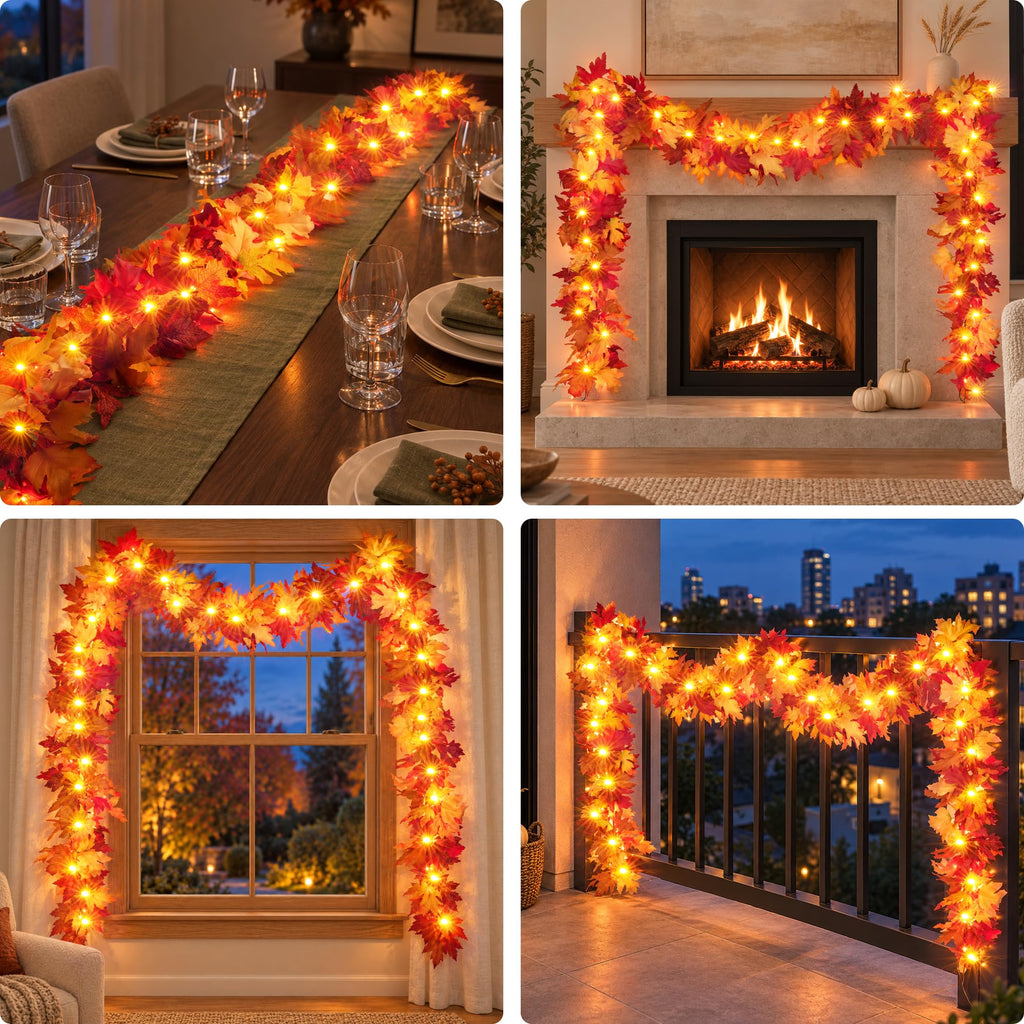 Fall Decorations for Home 9 FT Pre-lit Fall Garland with 50 LED Orange Lights, Auto Timer, 8 Lighting Modes, Waterproof Battery Operated Maple Leaf Garland for Fall Halloween Thanksgiving Decorarions