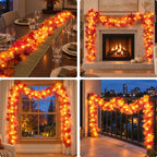 Fall Decorations for Home 9 FT Pre-lit Fall Garland with 50 LED Orange Lights, Auto Timer, 8 Lighting Modes, Waterproof Battery Operated Maple Leaf Garland for Fall Halloween Thanksgiving Decorarions