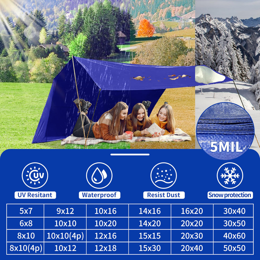 Tarp 20x20 ft 100% Waterproof Uv Resistant High Durability Multipurpose 5mil Blue Tarp for Covering Courtyards, Cars, Camping, Gardens, Pet Nests -by MVPNET