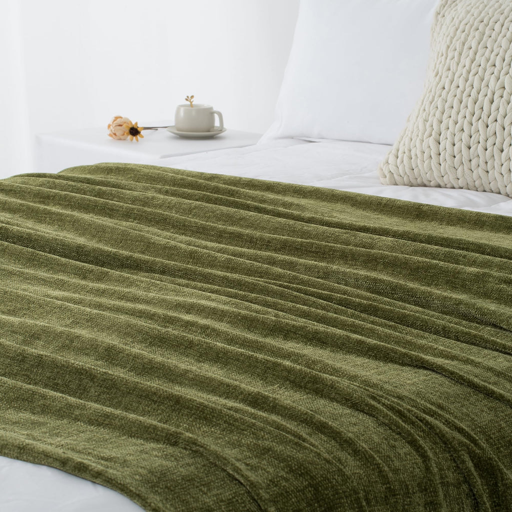 LONG CREATE Chenille Throw Blanket for Couch 50" x 60", Olive Green