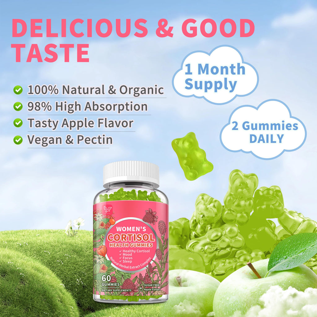 Cortisol Gummies for Women,Cortisol Manager with Ashwagandha,Magnesium,L-theanine,Phosphatidylserine,Rhodiola Rosea,Black Pepper for Mood Support,Adrenal Balance,Sleep,Vegan,Apple Flavor,60 Count