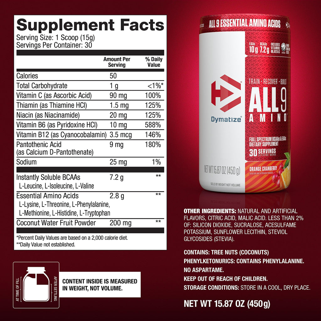 Dymatize All9 Amino, 7.2g of BCAAs, 10g of Full Spectrum Essential Amino Acids Per Serving for Recovery and Optimal Muscle Protein Synthesis, Orange Cranberry, 30 Servings, 15.87 Ounce
