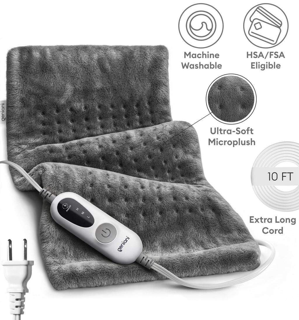 GENIANI Electric Heating Pad for Back Pain & Cramps Relief, Electric Throw, Self Care Gifts for Women, Heating Pad for Neck & Shoulder, Machine Washable Microplush, Auto Shut Off (12"x24", Tabby Gray)