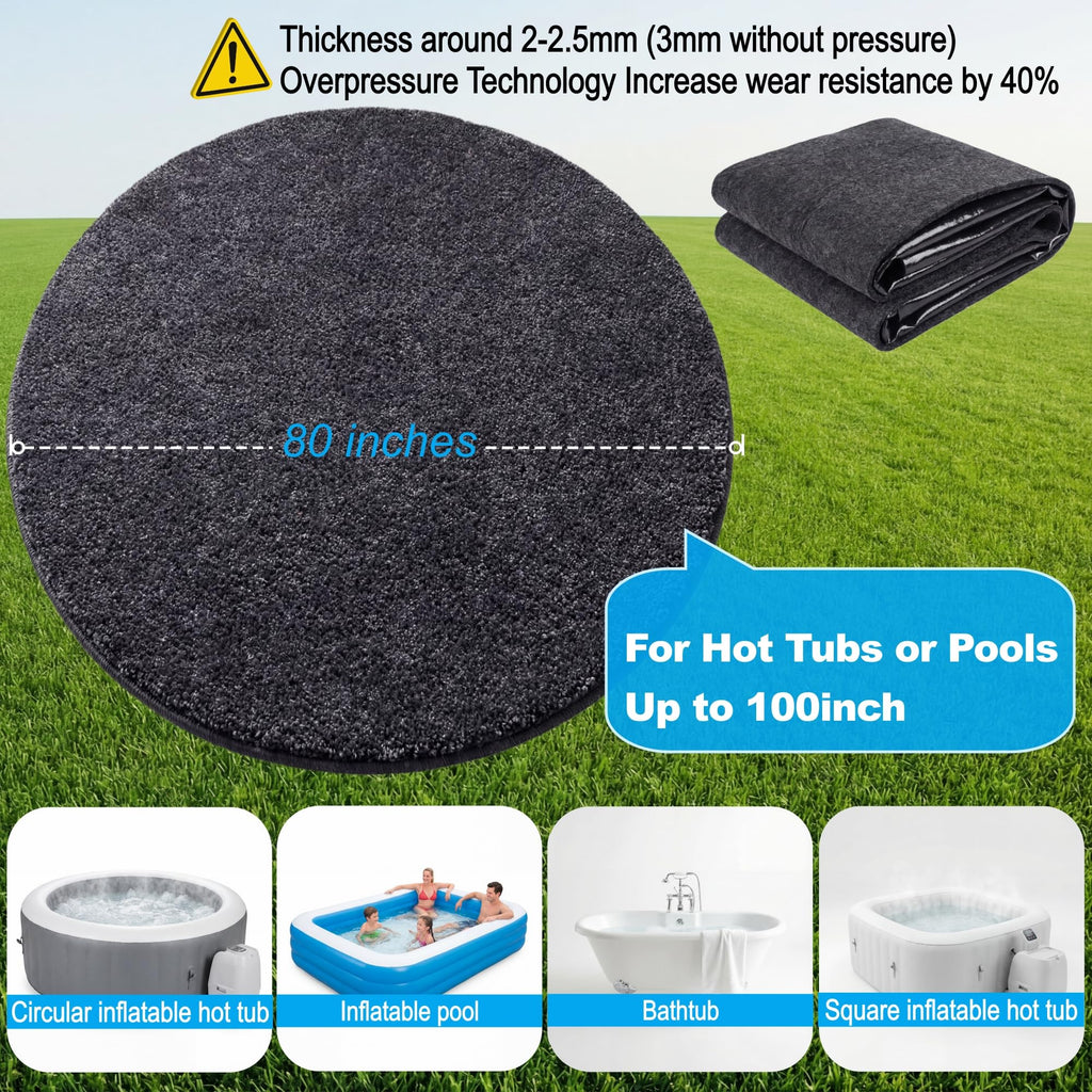 Upgraded 80 * 80 inch Round Hot Tub Mat, Extra Large Inflatable Hot Tub Pad Outdoor Indoor, Waterproof Slip-Proof Backing, Absorbent Spa Pool Ground Base Flooring Protector Mat