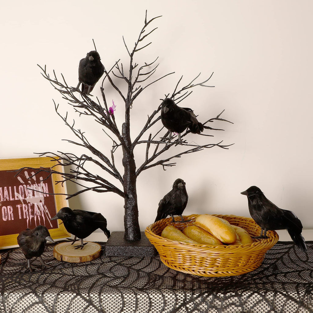 ATDAWN 6 Pack Halloween Black Feathered Crows, Realistic Halloween Birds Decoration for Spooky Décor