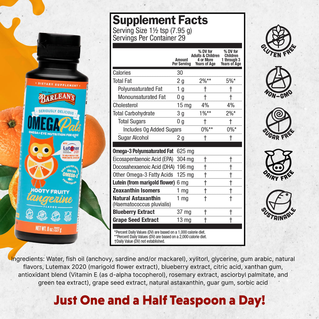 Barlean's Omega Pals Eye Health Liquid, Tangerine Flavored Omega 3 for Kids, Fish Oil Supplement with 500 mg of EPA & DHA Plus Lutein & Zeaxanthin Vitamins for Blue Light Support, 8 oz