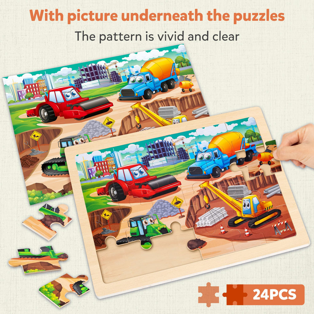 SYNARRY Large Wooden Construction Vehicle Puzzles for Kids Ages 4-6