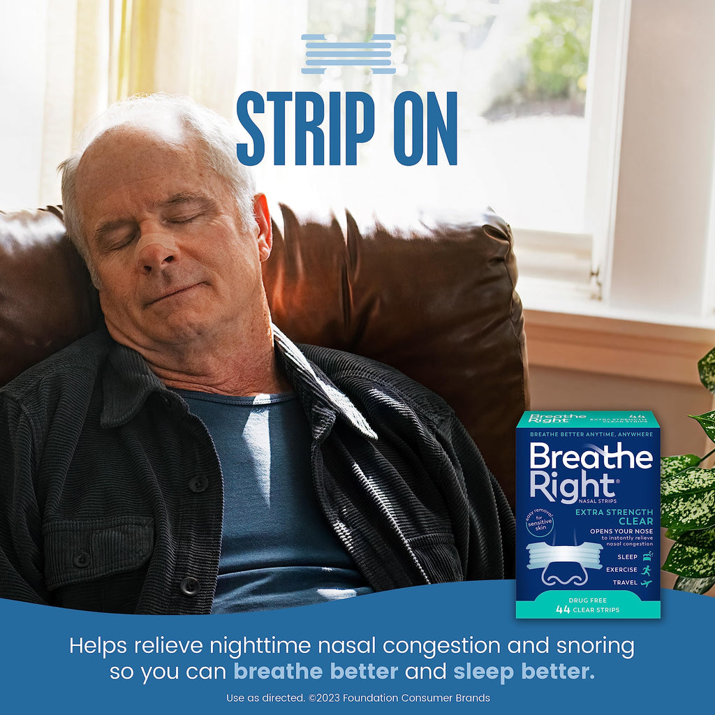 Breathe Right Nasal Strips, Extra Strength Clear Nose Strips, Drug-Free Nasal Congestion Relief for Better Breathing, Help Relieve Snoring, Caused by Colds & Allergies, Deviated Septum, 44ct