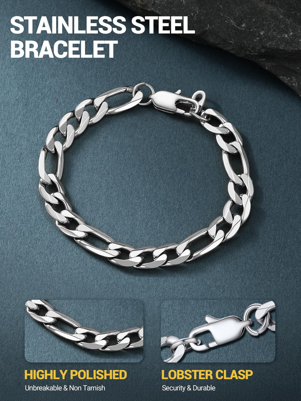 PROSTEEL Silver Bracelets for Men, Figaro Link, 7.5", 6mm