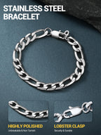 PROSTEEL Silver Bracelets for Men, Figaro Link, 7.5", 6mm