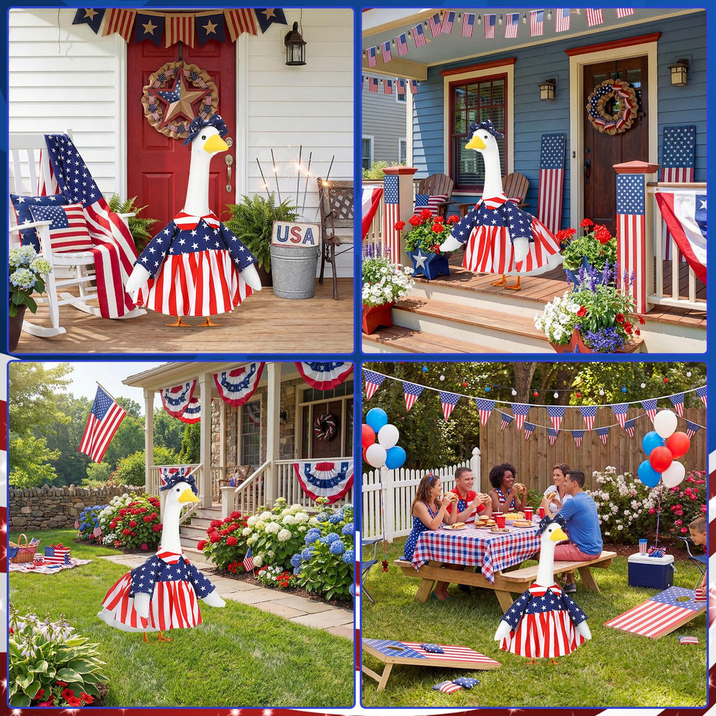 Abbylike 4th of July Porch Goose Outfit Patriotic American Flag Red Blue White Lawn Goose Clothes Fits 23 Inch Cement Statue Geese Costume for 250th Independence Day Outdoor Garden Yard Patio Decor