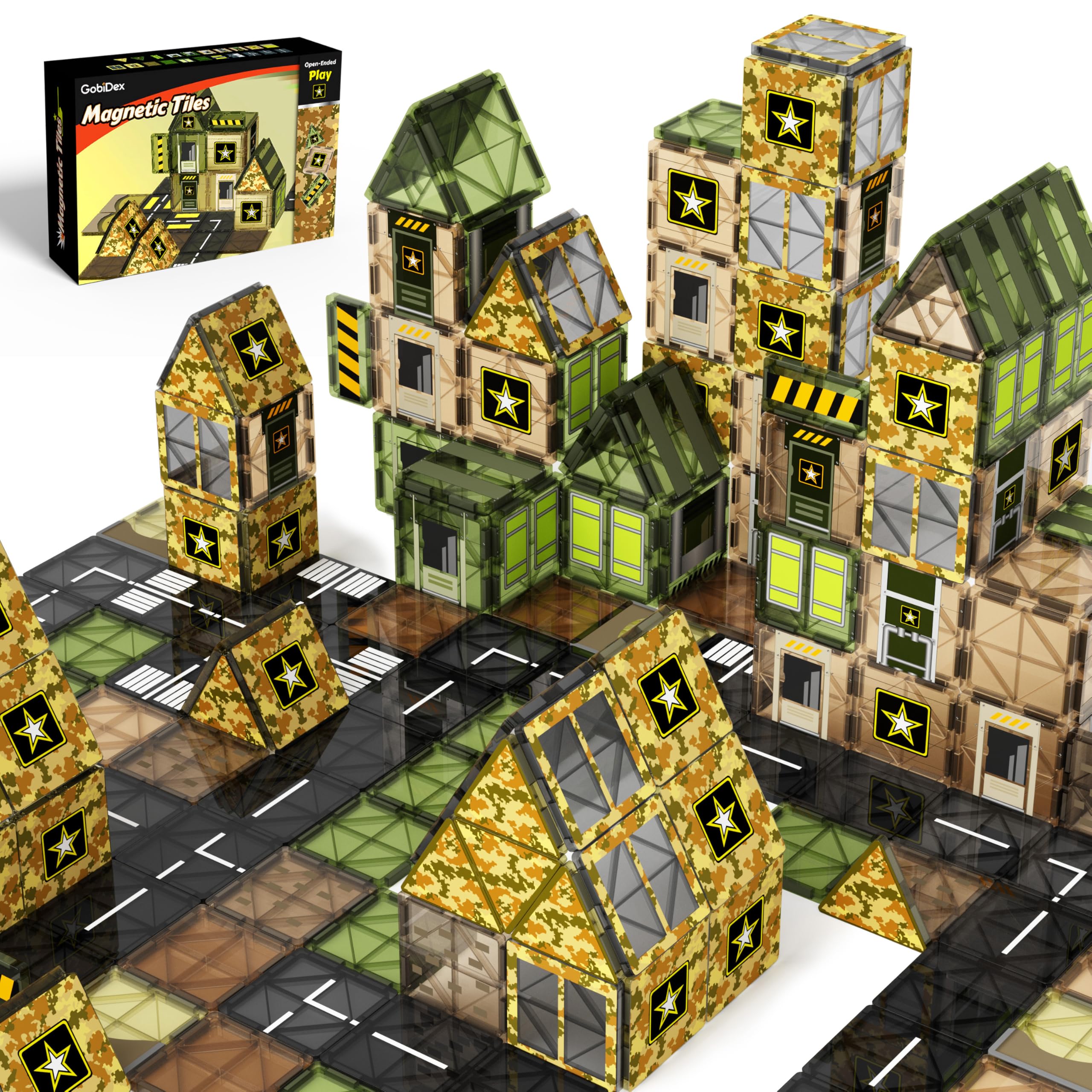 GobiDex Army Magnetic Tiles Road Set Building Toys for Boys 3+ Year Old, STEM Military Magnetic Blocks for Toddlers Construction Toys, Educational Sensory Magnets for Kids Birthday Gifts Boys & Girls