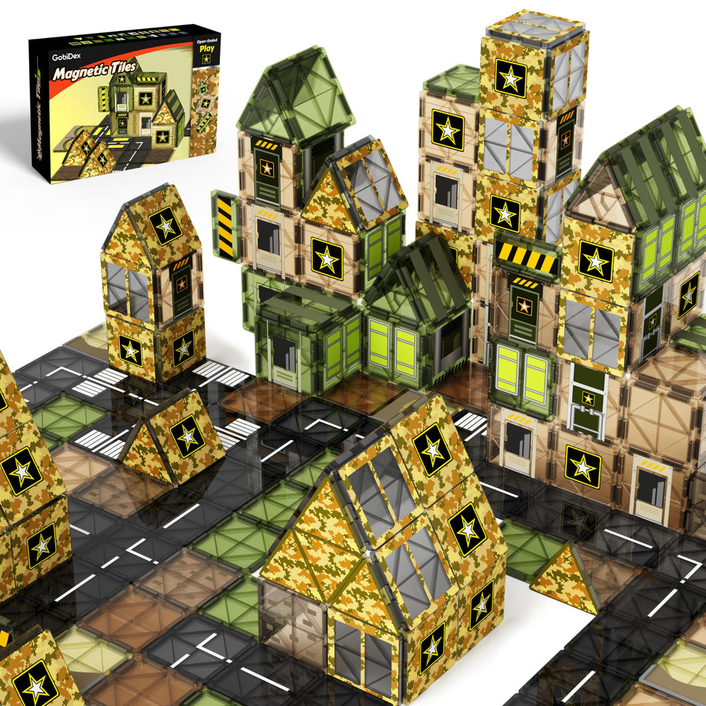 GobiDex Army Magnetic Tiles Road Set Building Toys for Boys 3+ Year Old, STEM Military Magnetic Blocks for Toddlers Construction Toys, Educational Sensory Magnets for Kids Birthday Gifts Boys & Girls