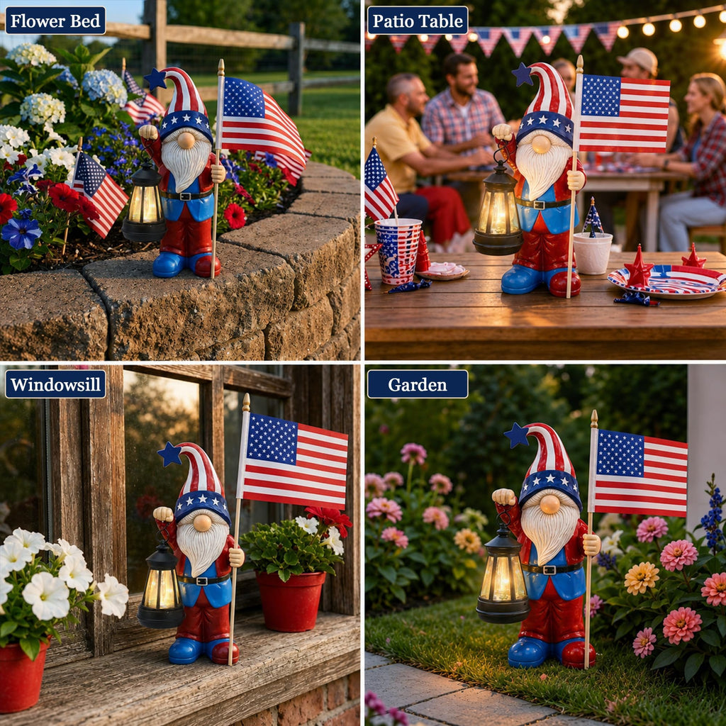 Nacome Solar Patriotic Gnomes Statues with Flag for Garden Decor