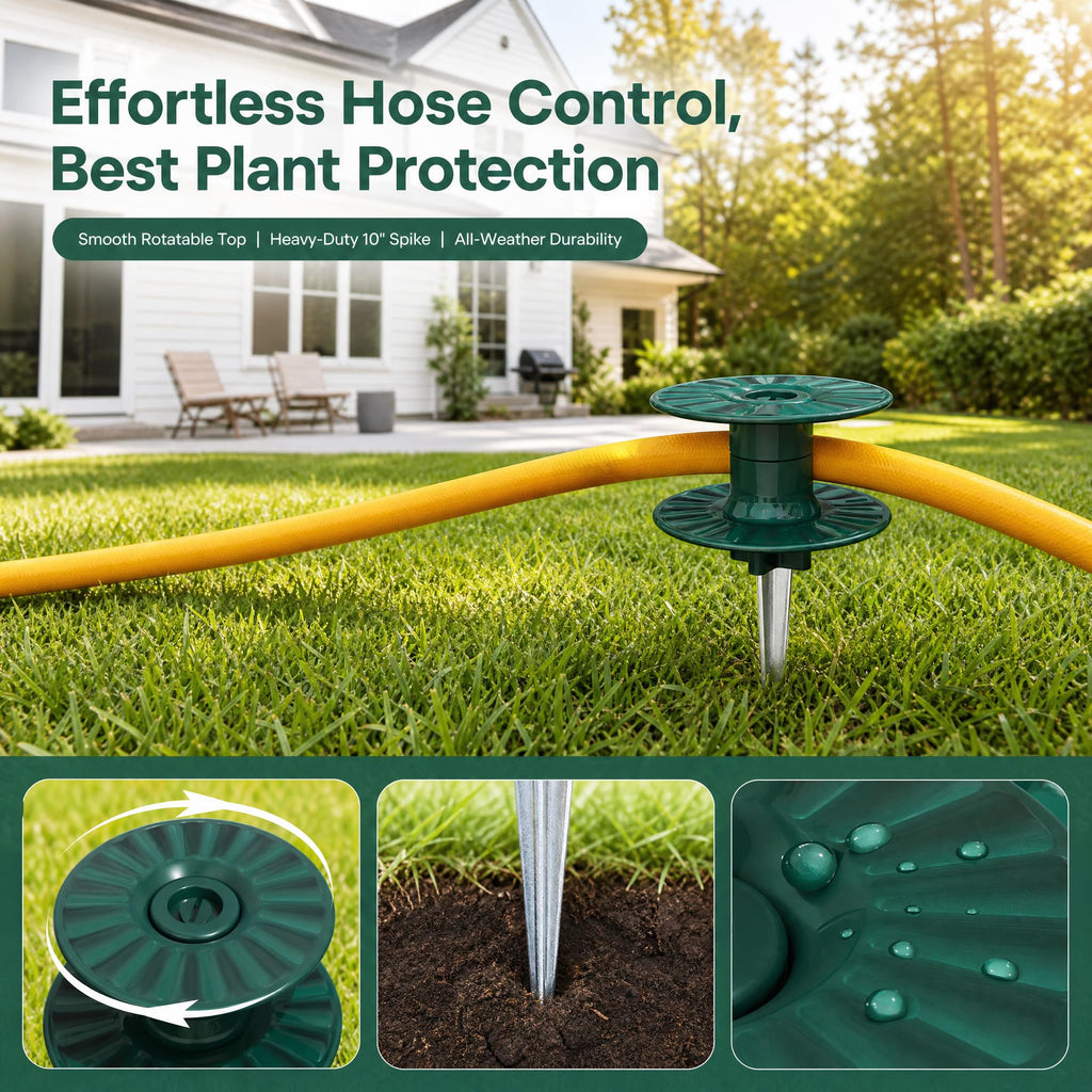 Zapdos 6PCS 10 Inch Heavy Duty Outdoor Yard Garden Hose Guides, Dark Green Metal Stakes with Rotatable Spin Top, Durable Hose Spikes Keep Water Hose Away from Flower Beds & Lawn Plants