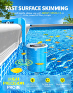 BluSwim Above Ground Pool Skimmer with Solar Digital Thermometer | Wall Mount Surface Skimmer - Auto Skimming Pool Floating Debris | 2 Upgraded Bracket - More Stable & Height Adjustable